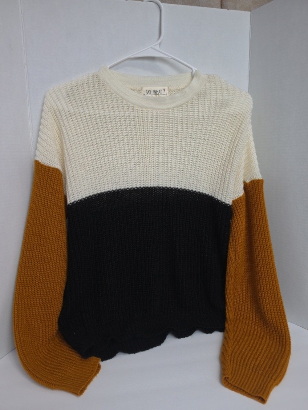 Say What? Cream, Black & Mustard Colorblock Crewneck Sweater